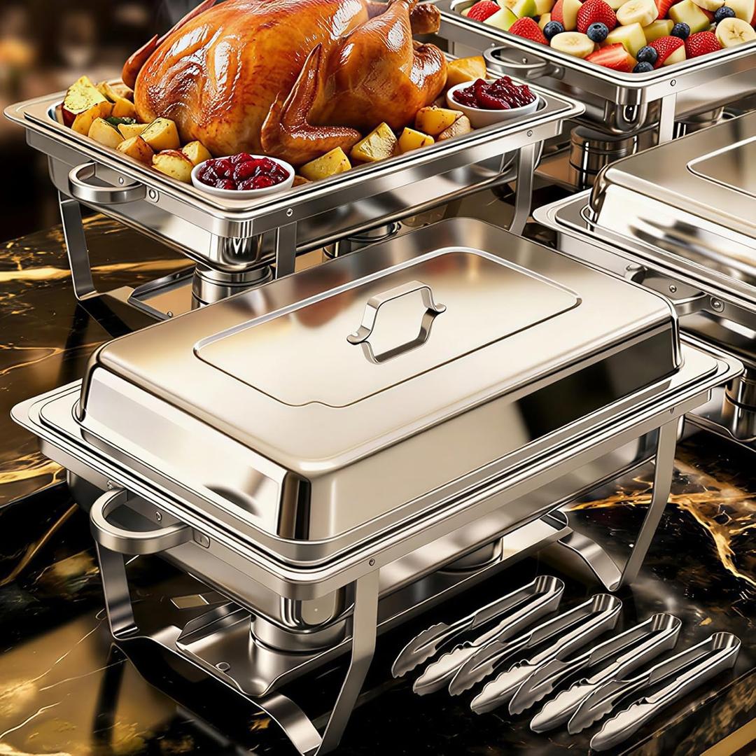 POWERFUEL 4 Pack 9QT Rectangular Stainless Steel Chafing Dishes for Buffet | Chafing Dishes Set with with 4 Serving Tongs, Serving Tray, Water Pan, Stand, Fuel Holder for Party, Gathering, Wedding