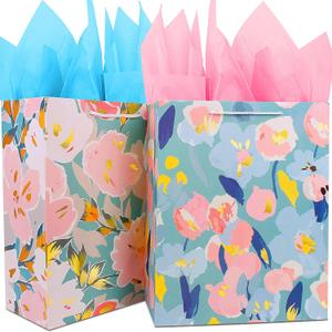 Elegant Large Gift Bag with Flower Foil Gold Marking, Big Gift Wrap Bag for Women, Mother's Birthdays