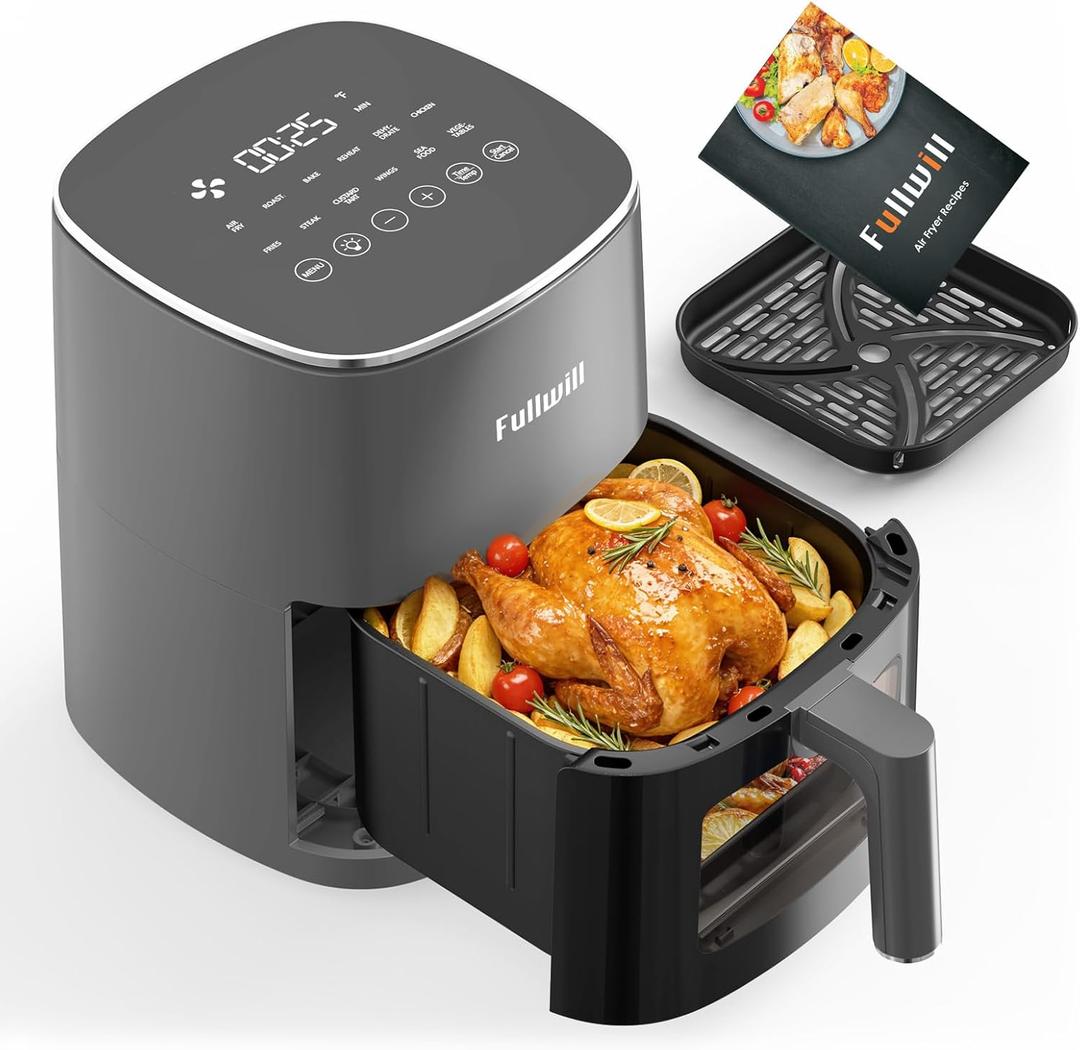 Fullwill 6QT Air Fryer with Viewing Window,12-in-1 Multi-Function Air Fry,Roast,Bake, Dehydrate, Fries,Nonstick and Dishwasher-Safe Basket,Family&friends Party,Max 400℉ Crisping 1700W,Gray