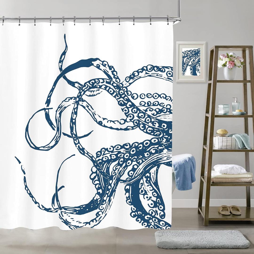 Octopus Shower Curtain 72Wx72H Inch Navy Blue Ocean Kraken Giant Tentacles Sea Creatures Mythical Nautical Animal Fabric Waterproof Bathroom Home Decor Set 12 Plastic Hooks