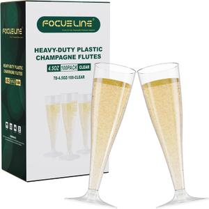FOCUSLINE 100 Pack 4.5 Oz Plastic Champagne Flutes, Clear Plastic Champagne Glasses, Disposable Toasting Glasses Recyclable Cups for Wedding Party