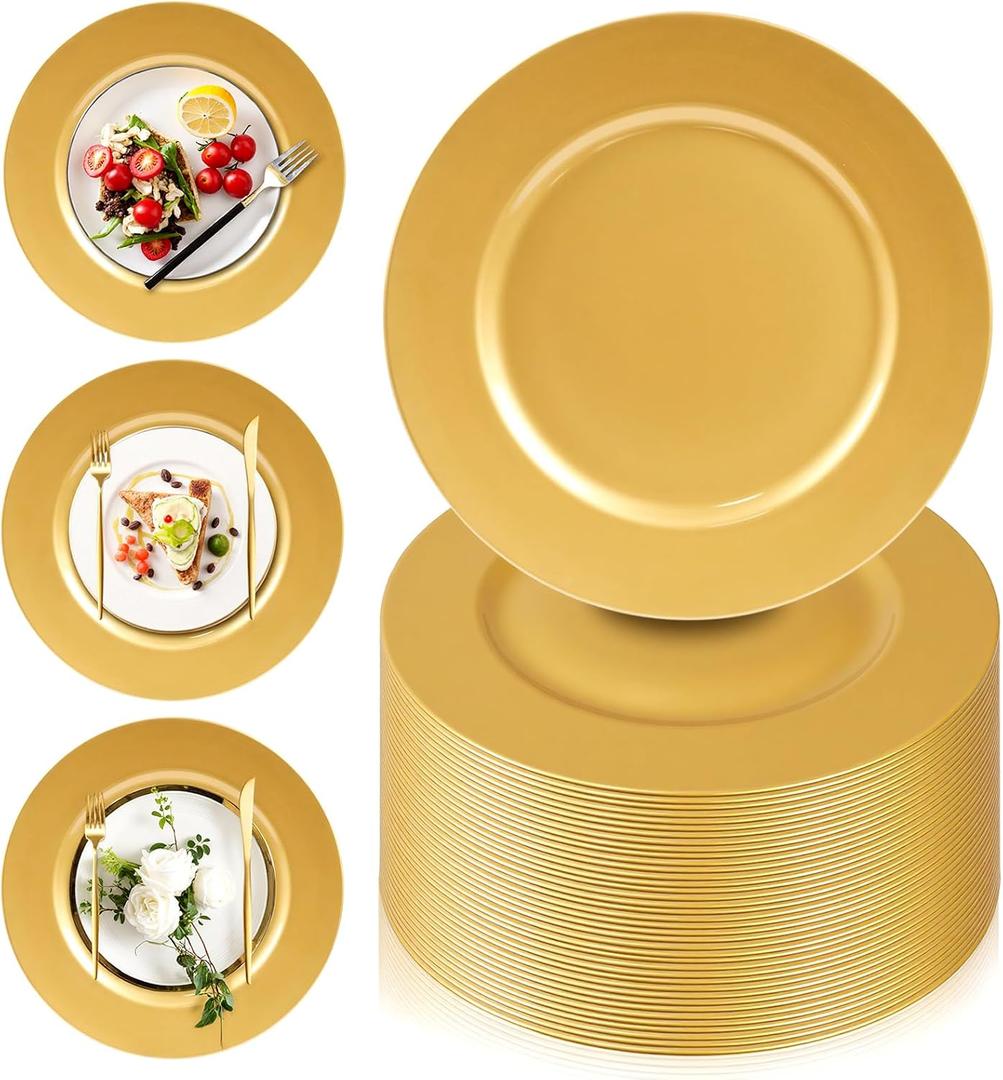 PROY 100 Pcs Charger Plates Bulk, 13" Gold Plate Charger for Dinner Plates, Round Wedding Chargers Plastic Dinner Plates for Table Setting Wedding Party Decoration, Smooth