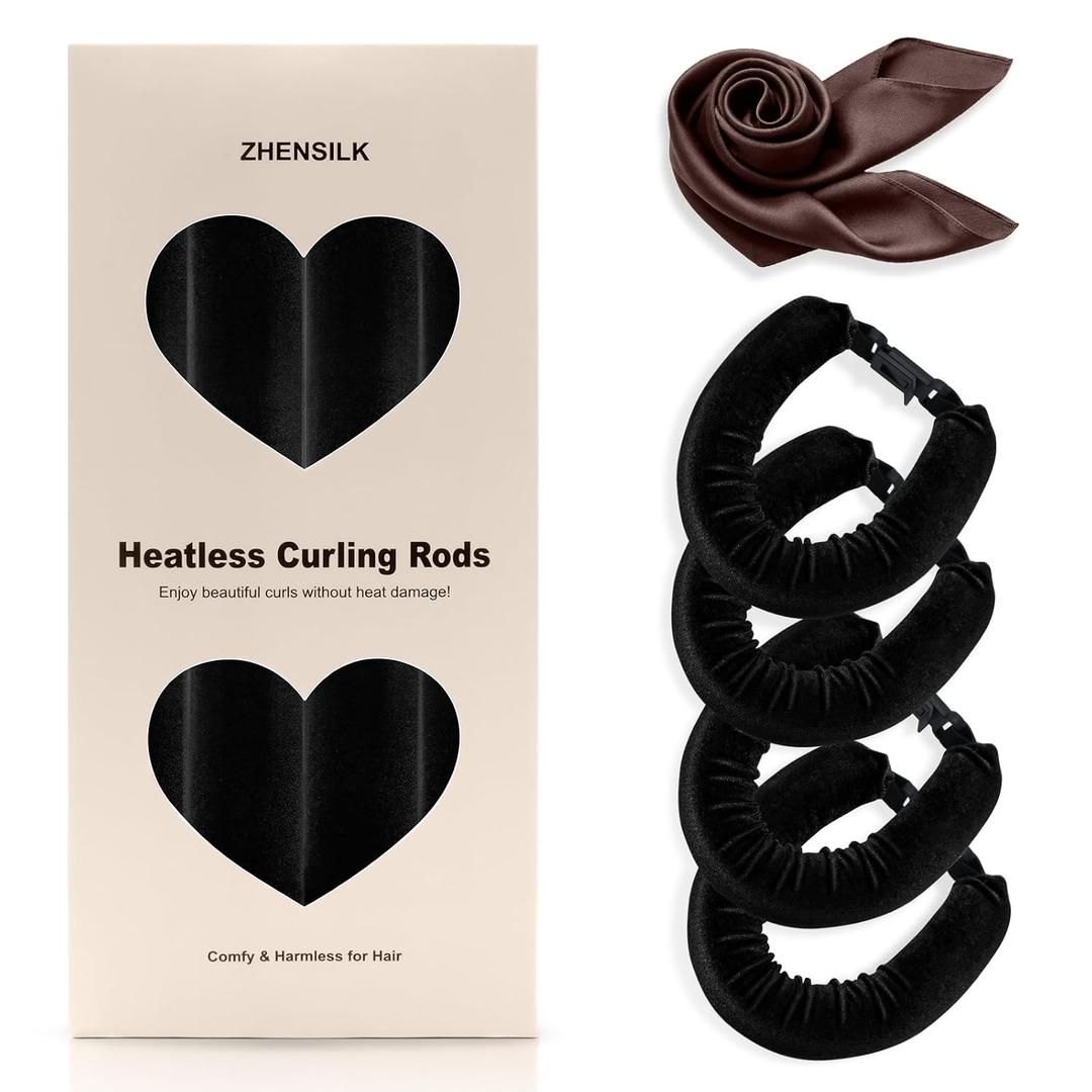 Heatless Hair Curler Set 4PCS Velvet Overnight Blowout Rods for Heatless Curls, Jumbo Flexible Curling Rods to Sleep In, No Heat Curling Tools for Natural Waves and Curls Black