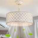 White Fandelier Ceiling Fan with Light, 20" Caged White Chandelier Ceiling Fans with Lights Remote Control, Fabric Mid-Century Modern with 6 Speeds for Bedroom, Nursery, Living Room.
