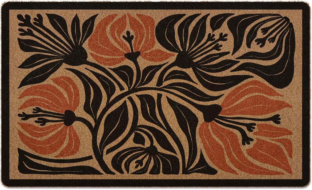 Boho Door Mat, Floral Doormat, Boho Abstract Black Flower Welcome Front Door Mat Indoor Outdoor Entrance, Floral Artificial Coir Doormats Rugs for Porch Patio Entryway Home Room Decor 30x17in