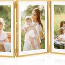 Gold 4x6 Triple Picture Frame, Gold Folding Picture Frames with Three Opening, Hinged Glass Floating Picture Frames for Artwork Photo Stand on Tabletop