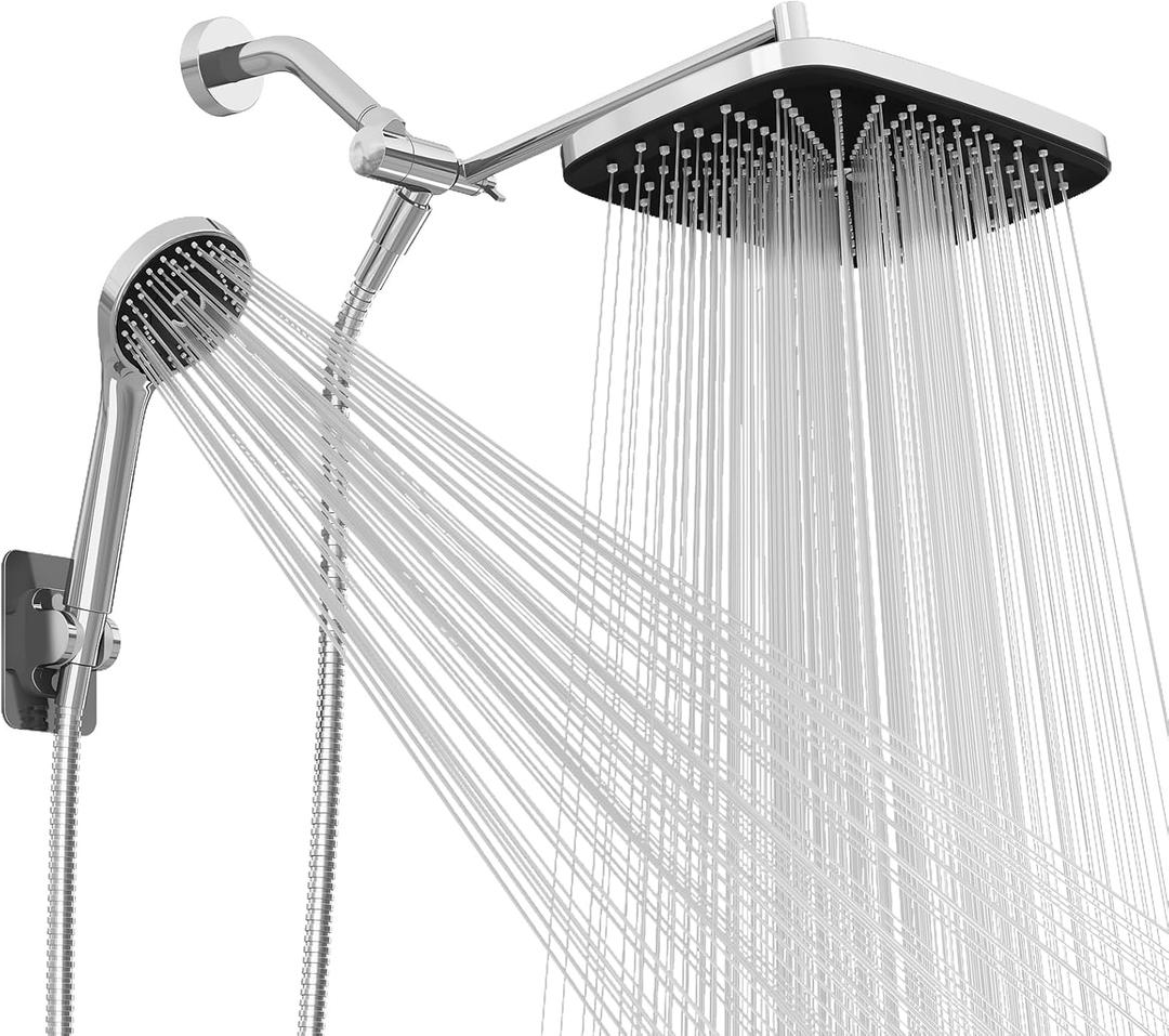 Wide Rain Shower Head With 5 Modes Handheld Showerheads, High Pressure Showerhead Combo with Extension Arm for Bathroom Accessories, Adjustable Shower Head with Anti-Clog Nozzles (Chrome)