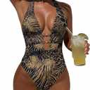 Women's Sexy High Cut Cheeky One Piece Swimsuits Monokini Plunge V Neck Halter Bathing Suit Summer Beach Pool Party, L