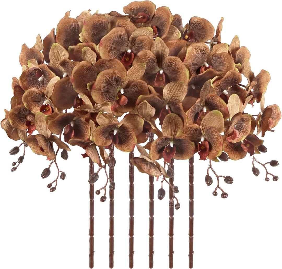 41in Orchids Artificial Flowers Fake Orchid 6PCS Velvet Silk Orchids That Look Real Long Stem Artificial Flowers for Tall Vase for Home Party Fall Halloween Dcor (Coffee)