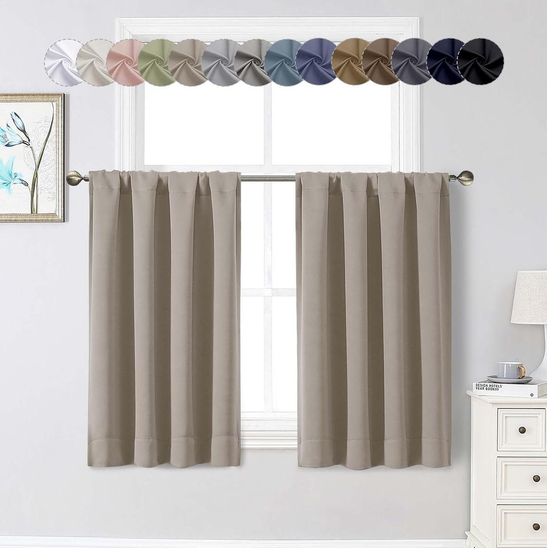 Stone Cafe Blackout Curtains 36 Inch Length 2 Panels Set, Soft Solid Thermal Insulated Room Darkening Small Window Curtains for Kitchen Bathroom Basement, Stone, Each, 40" Wx36 L