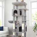 Globlazer Large Cat Tree Tower, Tall Cat Tree Condos for Indoor Cats Large Adult Cat Climbing Tower with 2 Spacious Caves, Oversized Top Perch, Big Hanging Basket, Cat Teaser Wand, F74B, Light Grey (74inch)