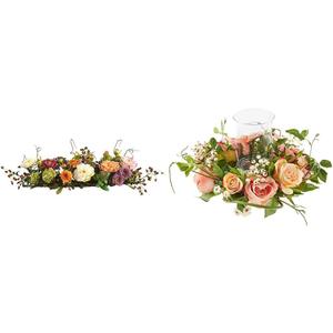 Nearly Natural 4665 Mixed Mini Peony Centerpiece Silk Flower Arrangement,10" D x 34" W x 6.5" H & Rose Candelabrum Silk Flower Arrangement