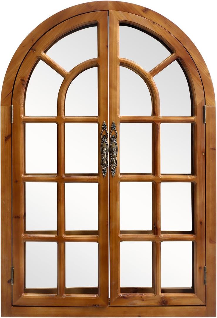 Rustic Wood Windowpane Arch Mirror, 24x36inch Vintage Farmhouse Window Pane Wall Mirror for Living Room, Entryway, or Bedroom Decor,Rustic Brown