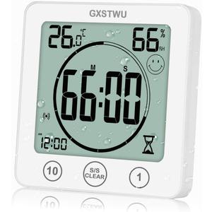 Digital Shower Clock, Bathroom Timer Clock, Waterproof for Water Spray, Count Up Count Down Alarm, Touch Screen Timer, Temperature Humidity, Wall Clock Magnet, Suction Cup, Hang, Stand (1pack)