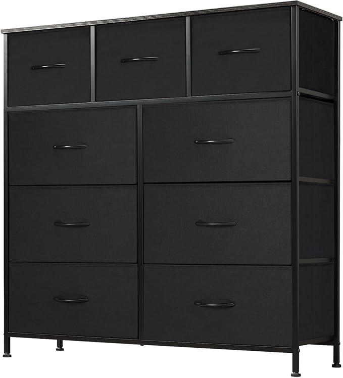 DUMOS Dresser for Bedroom, Storage Organizer with 9 Drawers, Chest of Drawers with Fabric Bins, Sturdy Metal Frame, Wood Tabletop for Guest Room, Closet, Entryway, Black