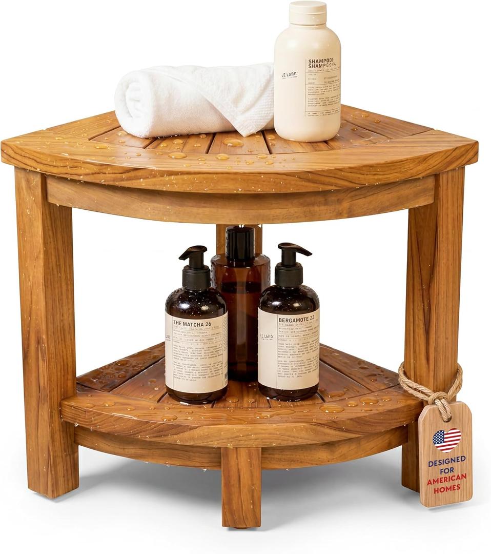HOMESTEAD Teak Shower Stool with 2 Tier Storage Shelf, Compact Corner Shower Bench for Inside Shower, Bathroom Seat with Soap Holder, Shower Foot Rest and Shower Stool for Shaving Legs