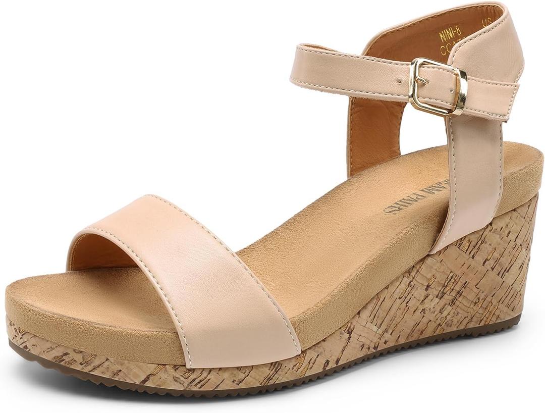DREAM PAIRS Women's Open Toe Buckle Ankle Strap Platform Wedge Sandals Women 2025 (Nude/Pu) 7.5