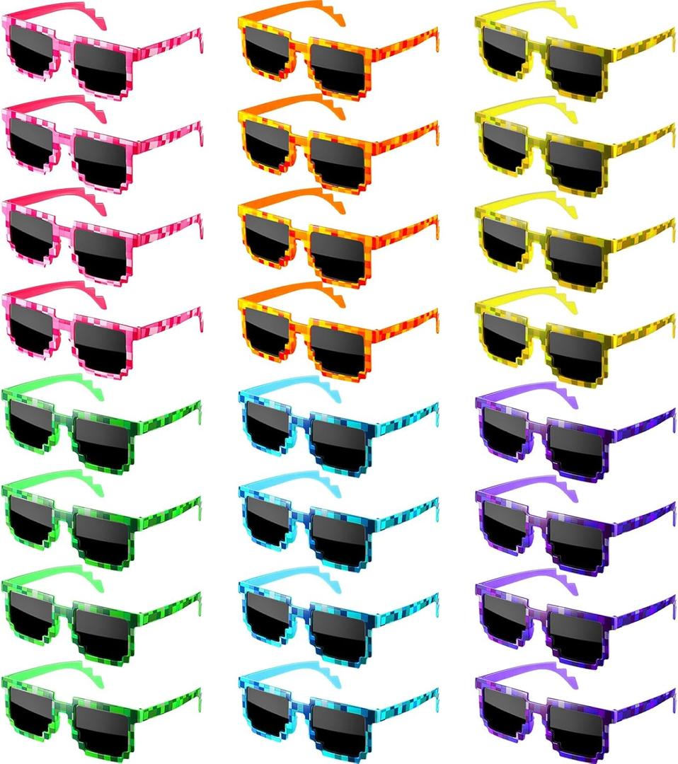 Matcheck 12/24/32 Pack Miner Party Sunglasses Pixelated Mosaic Gamer Birthday Photo Props Glasses for Adults Teens (24 Mixed Color)