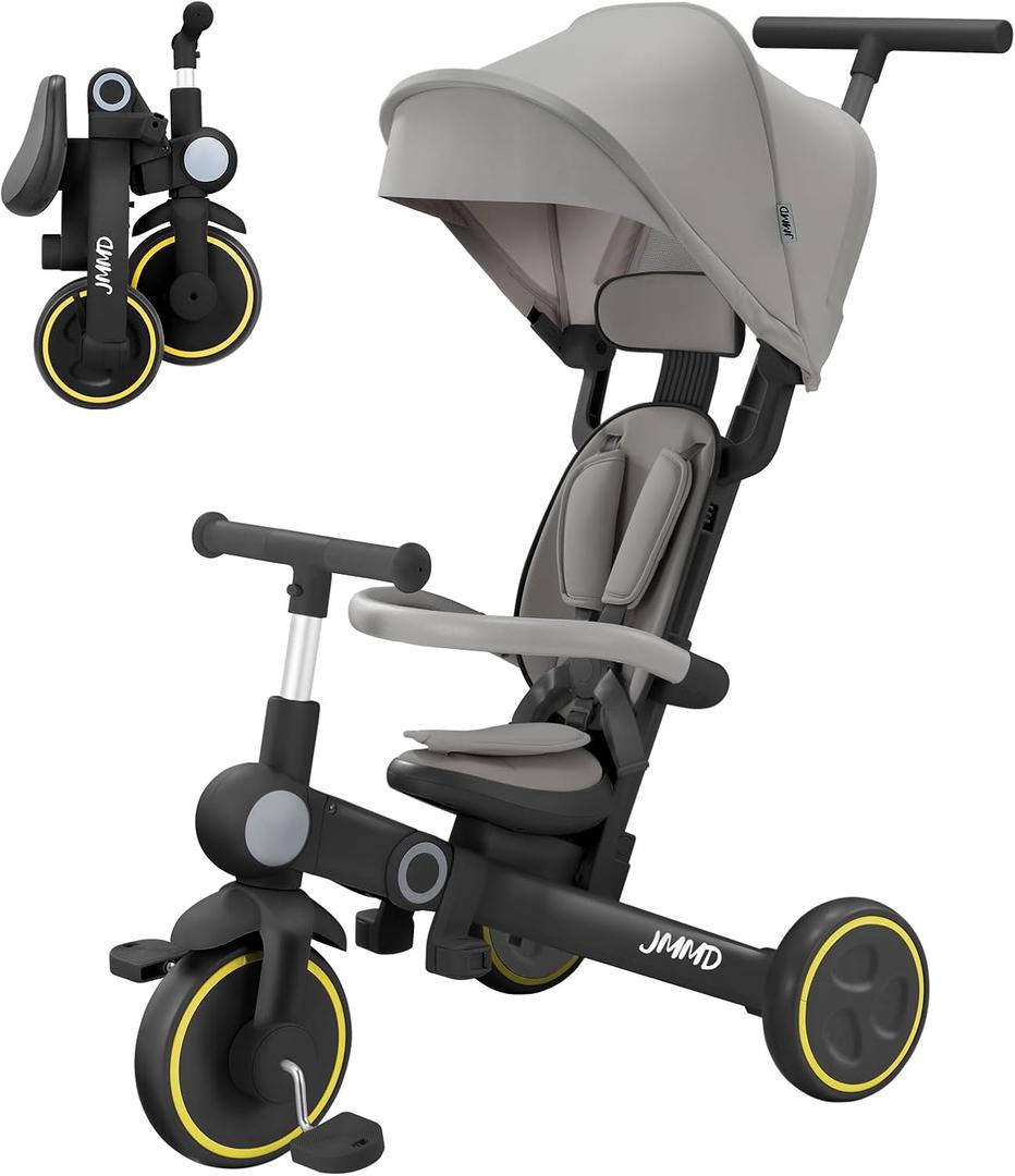 JMMD Baby Tricycle, 7-in-1 Multifunctional Kids Trike with Adjustable Parent Handle, Safety Harness & Wheel Brakes, Removable Canopy, Stroll Trike for Boys & Girls Ages 18 Months-5 Years, Black