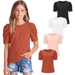 4 Pack Girls Puff Short Sleeve Shirts Summer Crewneck T Shirts Casual Tops Loose Basic Solid Blouses 5-14 Years