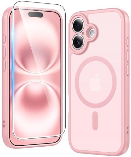 FNTCASE for iPhone 16 Plus Case: Matte Magnetic Phone Cases with Screen Protector Compatible with Magsafe Slim Anti Yellowing Rugged Shockproof Protective Translucent Cell Phone Cover (C-Pink)