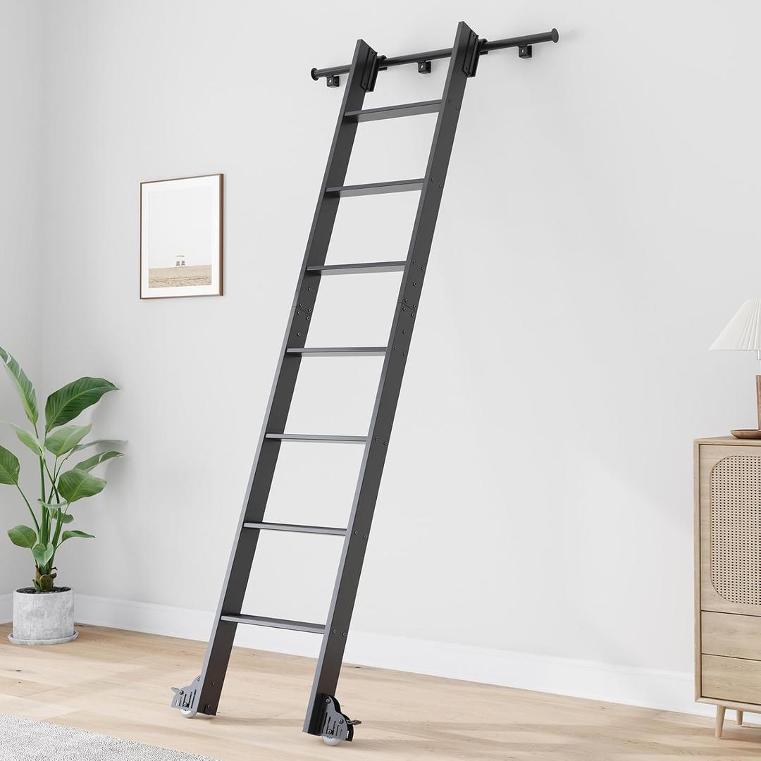 Fredbeck 8ft Rolling Library Aluminium Step Ladder 96" with 4FT Sliding Hardware Track Kit Bottom Wheel Included,for Kitchen,Loft,Warehouses,Bookstore,Atti,Dressing Room,Metal Black