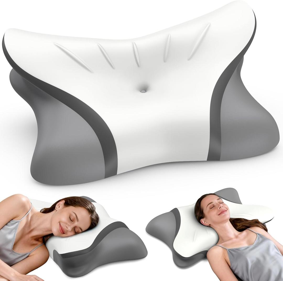 Cervical Neck Pillow for Pain Relief, Bed Pillows for Sleeping, Ergonomic Cooling Pillow, Orthopedic Contour Pillow for Side Back Stomach Sleepers,Neck Support Memory Foam Pillows with Pillow Covers (White&grey)