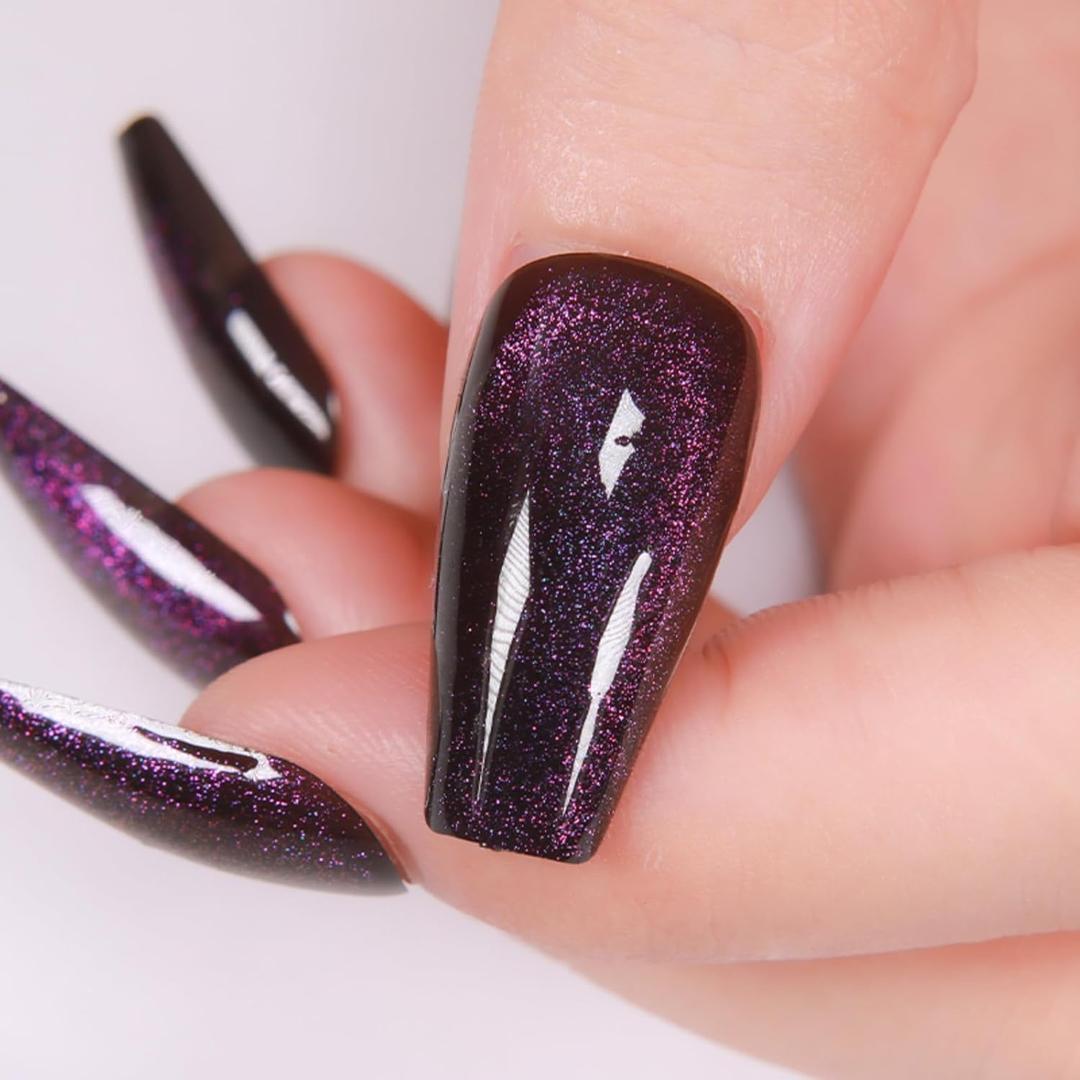 Press On Nails - Midnight Purple | Dark Purple Glitter Velvet Nails, Medium Coffin Squared Press On Nails with Cat Eye Design for Women and Girls, 24 Pcs Reusable Fake Nails