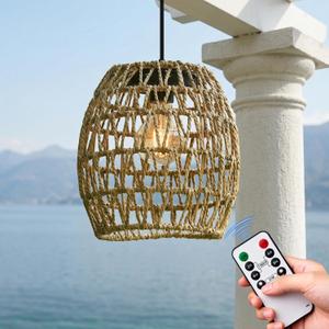 Battery Operated Chandelier, Rattan Gazebo Waterproof Hanging Pendant Light with Bulb for Patio Porch Garden Barn Room Pergola Decor, 7.5"8.6"