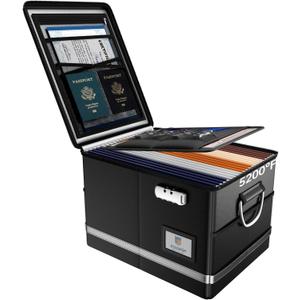 Fireproof Document Box,5200F File Organizer Box with Lock,Foldable Filing Organizer Cabinet, Portable Safe Storage for Hanging Letter/Legal Folder,Black