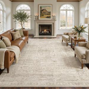 10x12 Area Rug Living Room: Washable Large Vintage Grey Rug Neutral Non-Slip Soft Stain Resistant Indoor Carpet for Bedroom Nursery Dining Room Under Table Bed Home House Office Playroom - Beige Grey