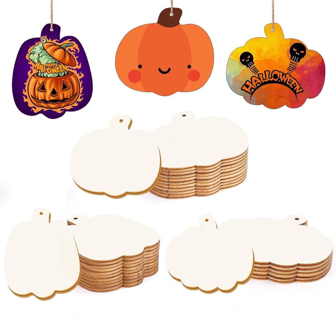 2 x Pumpkin 30Pcs Unfinished Wooden Ornaments Halloween Thanksgiving Autumn Paintable Blank Pumpkin Cutouts Hanging Wood Slices DIY Craft for Kids Art Crafts Party Supplies