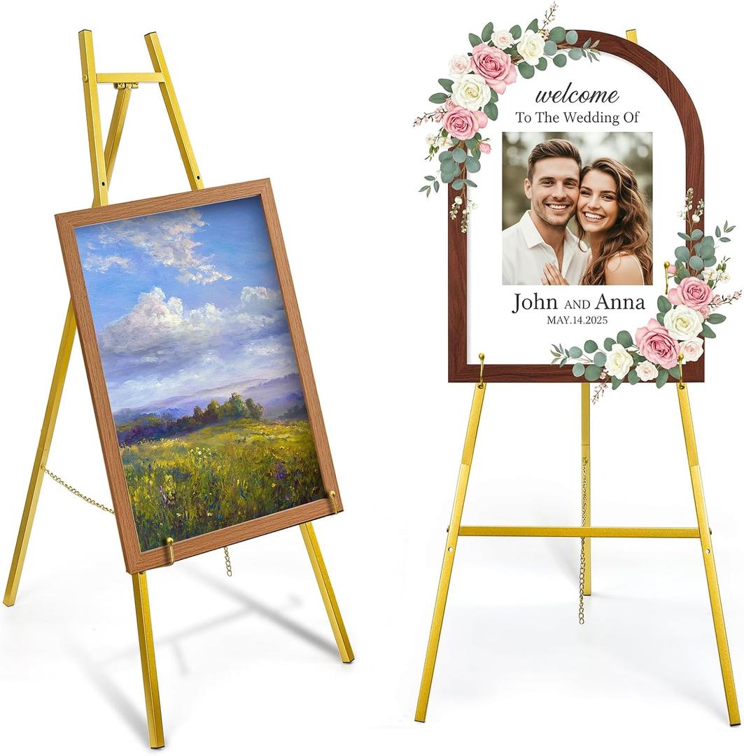 WRINGKIT Gold Easel Stand for Sign, Heavy Duty Metal Adjustable Display Stand with 4 Tier, 44'' Height Large Floor Standing Easel for Painting, Poster, Mirror, Art, Welcome Wedding Signs, 30" x 17"
