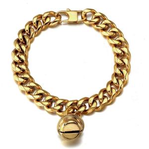 18K Gold Cat Dog Collar Puppy 1/2inch Wide Stainless Steel Kitten Choker Curb Chew Proof Cuban Link Chain with Bell (Neck Fit 6"-8")