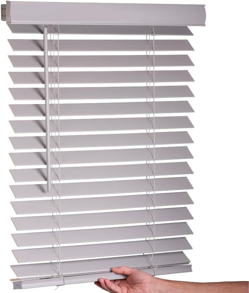 LOTUS & WINDOWARE Cordless Faux Wood Blinds, 35" Wide x 24" Long,Smooth,Light Gray, 2 Inch Horizontal Blinds  for Living Room, Bedroom, Interior Door Windows