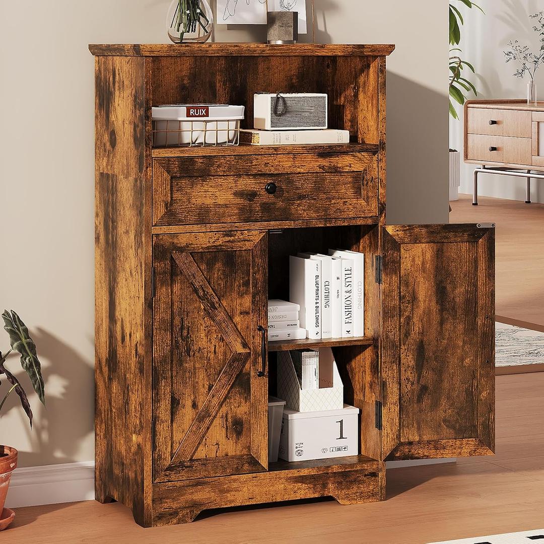 Floor Cabinet, Farmhouse Storage Cabinet with Barn Doors and Drawer, Freestanding Adjustable Shelf Organizer for Bathroom, Kitchen, Living Room Rustic Brown, 39.4"H x 23.6"W x 11.8"D