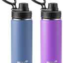 Kids Water Bottle 2 Pack-16 oz Stainless Steel Double Wall Vacuum Insulated Wide Mouth Sports Water Bottle Flask with Leakproof Spout Lid (Royal Blue-Purple)