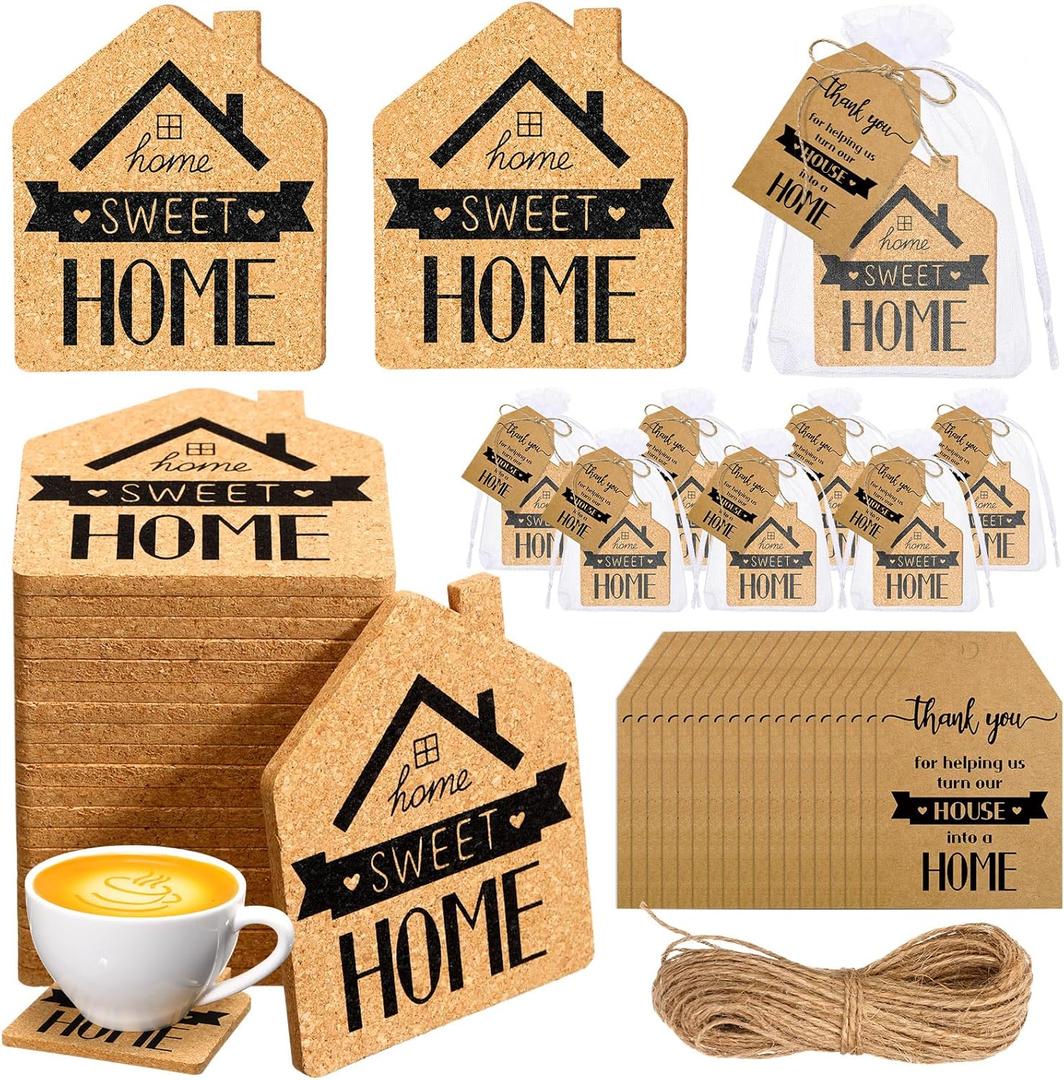Hushee 50 Sets Housewarming Party Favors Sweet Home Coaster House Shaped Coaster with Thank You Gift Cards House Warming Return Gifts with Organza Bags Twine New Home Gift for Guests Party Decorations (Rustic Color)