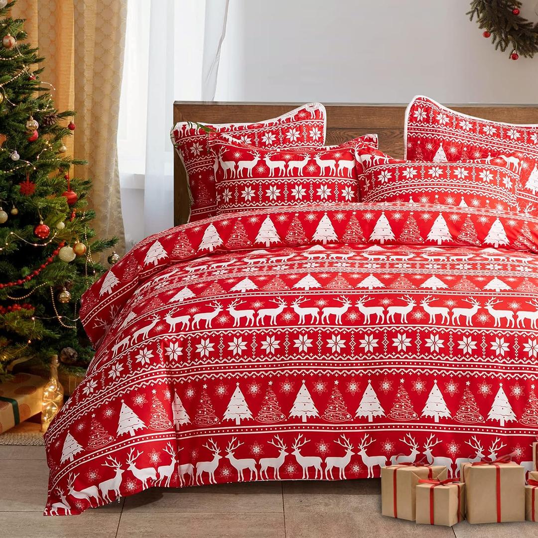 Christmas Duvet Cover Set King Size with Red White Snowflake and Deers Christmas Trees Holiday Style Duvet Cover Set King (1 Duvet Cover + 2 Pillow Shams) for New Year Gift Choice