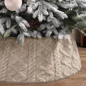 28 Inch Christmas Tree Collar Khaki Plush Faux Fur with Crossed Diamond Pattern, Soft Boho Xmas Tree Ring Tree Skirt for Christmas Artificial Trees Holiday Party Home Decor