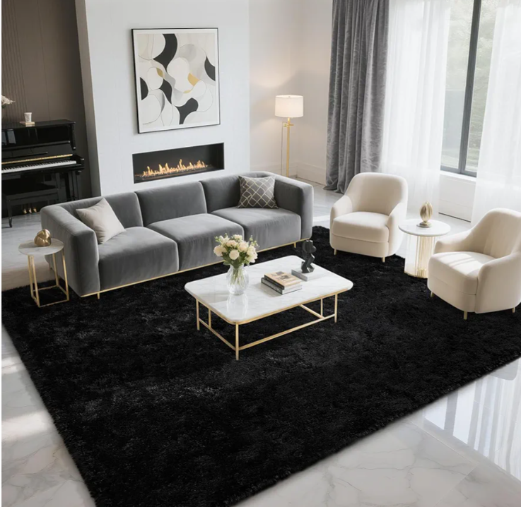 Fluffy Rugs for Living Room 5x8 Black, Washable Large Area Rugs for Bedroom Dining Table Office Kids Nursery Room, Washable Indoor Floor Carpets