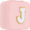 PATIKIL Travel Jewelry Case, Initial Jewelry Box Small Travel Organizer with Mirror for Women Rings Earrings Necklaces Bracelets, Pink (Letter J)