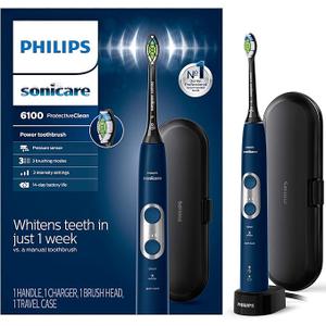 Philips Sonicare ProtectiveClean 6100 Rechargeable Electric Toothbrush, with Pressure Sensor, 3 Cleaning Modes, SmarTimer and QuadPacer, 14Day Battery Life, Travel Case, Navy Blue, Model HX6871/49