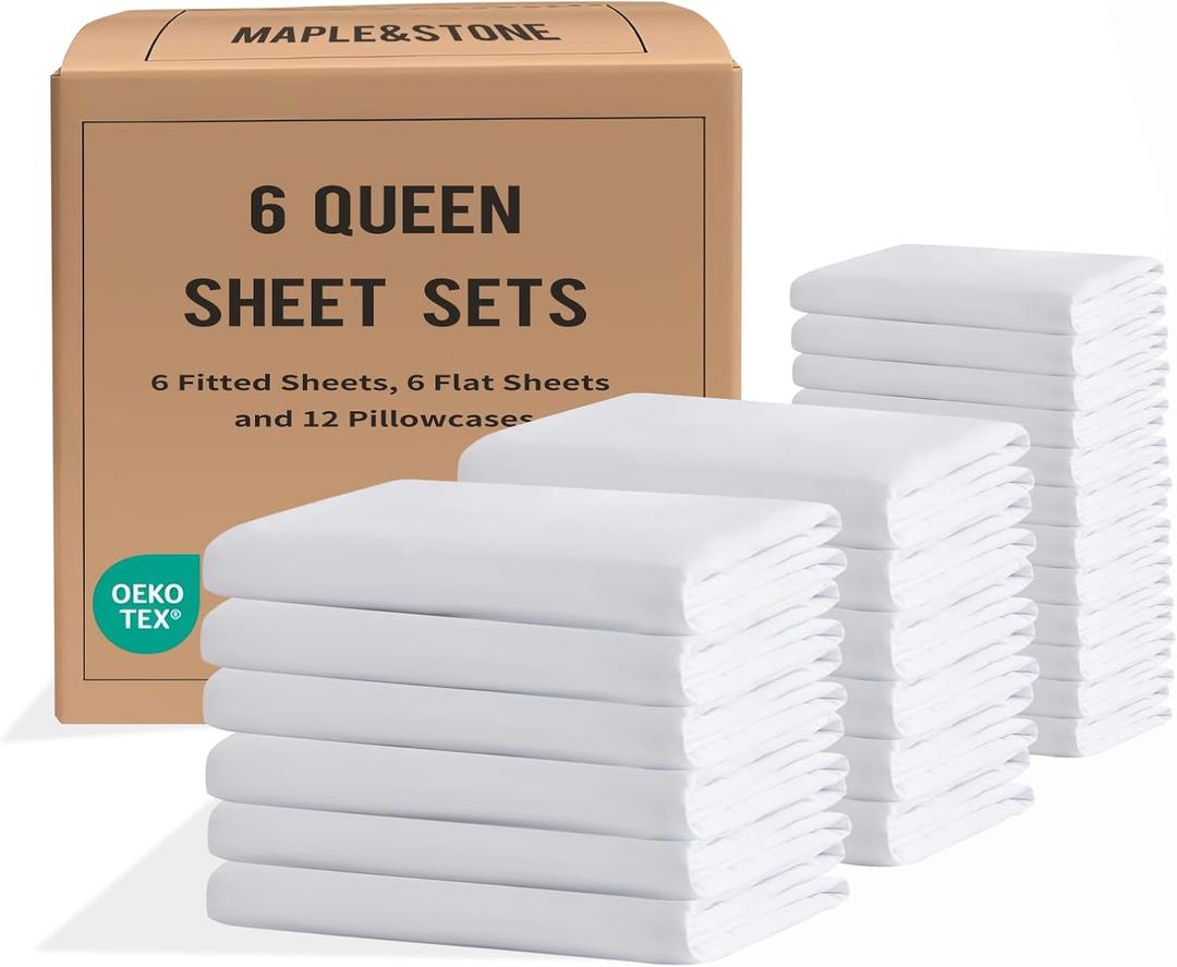 Maple&Stone Queen Sheet Sets Bulk Pack of 6, Wholesale Hotel Bed Set White | Microfiber Complete Sheets Set, Wrinkle-Free, Deep Pockets, Breathable for Airbnbs Guest Bedroom and Spa