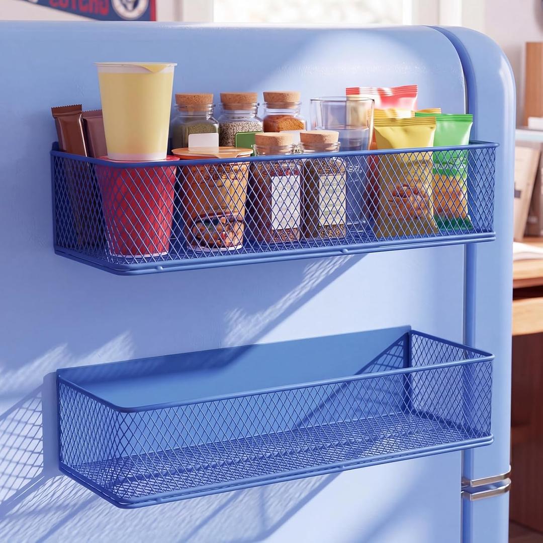 FoldTier 2 Pack Blue Magnetic Fridge Basket, 13.8 x 3.1 x 4.9 Inch