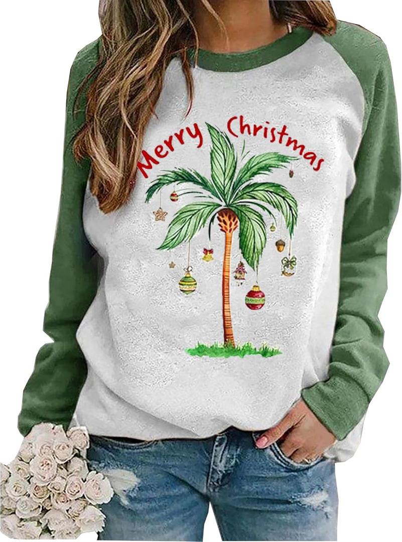 Merry Chrismas Plam Tree Sweatshirt Women Hawaii Beach Holiday Shirt Funny Chrismas Graphic Long Sleeve Pullover Tops (Medium, Green)