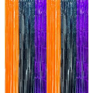 6 Pack Halloween Foil Fringe Curtains, 3.3x6.6 ft Orange Purple Black Tinsel Streamers Backdrop, Photo Booth Props for Halloween Thanksgiving Birthday Party Decorations