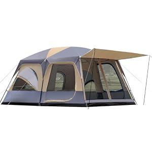 8–10-12 Person Camping Tent, 2 Room Family Tent with Zippered Divider, Porch, Rainfly, Extra Large Waterproof Cabin Tent with 3 Mesh Doors & Windows, Easy Setup 7.1 ft Tall Tent for Outdoor Camping 181"L x 120"W x 84.6"H