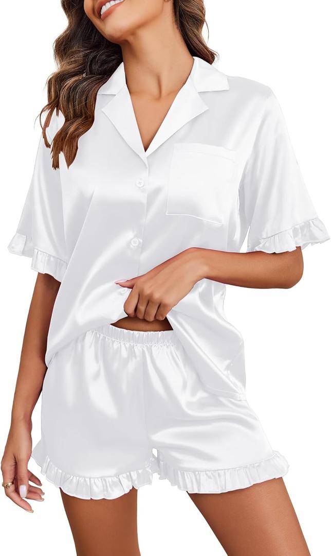 Ekouaer Womens Satin Pajamas Set Button Down Silk 2 Piece Pj Sets Ruffle Short Sleeve Sleepwear (XX-Large, White)