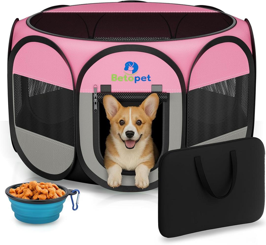 Playpen for Small Dogs Cats Crate: Puppy Play Pen Indoor Outdoor Foldable Potable Exercise Cage Pop up Kennel for Guinea Pig Rabbits Hamster Travel with Carrying Case & Food Bowl (Pink, M, 1)